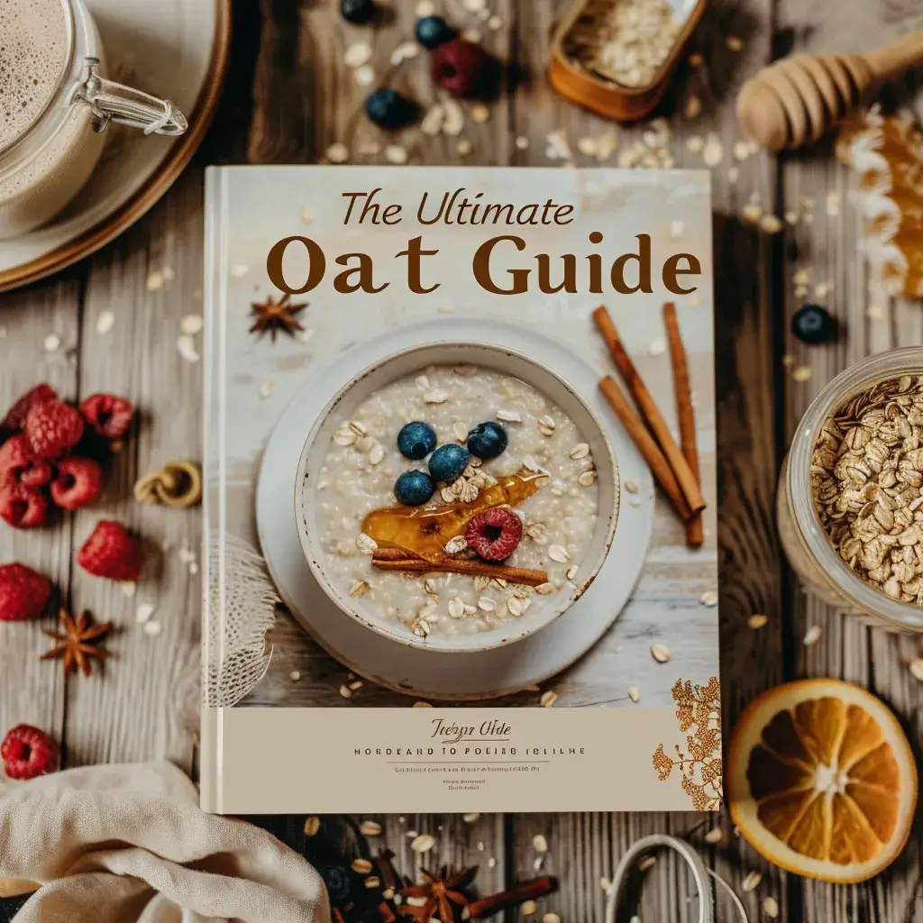 Square ebook cover titled The Ultimate Oat Guide with oatmeal bowl on rustic wooden table surrounded by oats berries and honey, free recipe gift from OatRecipes.com
